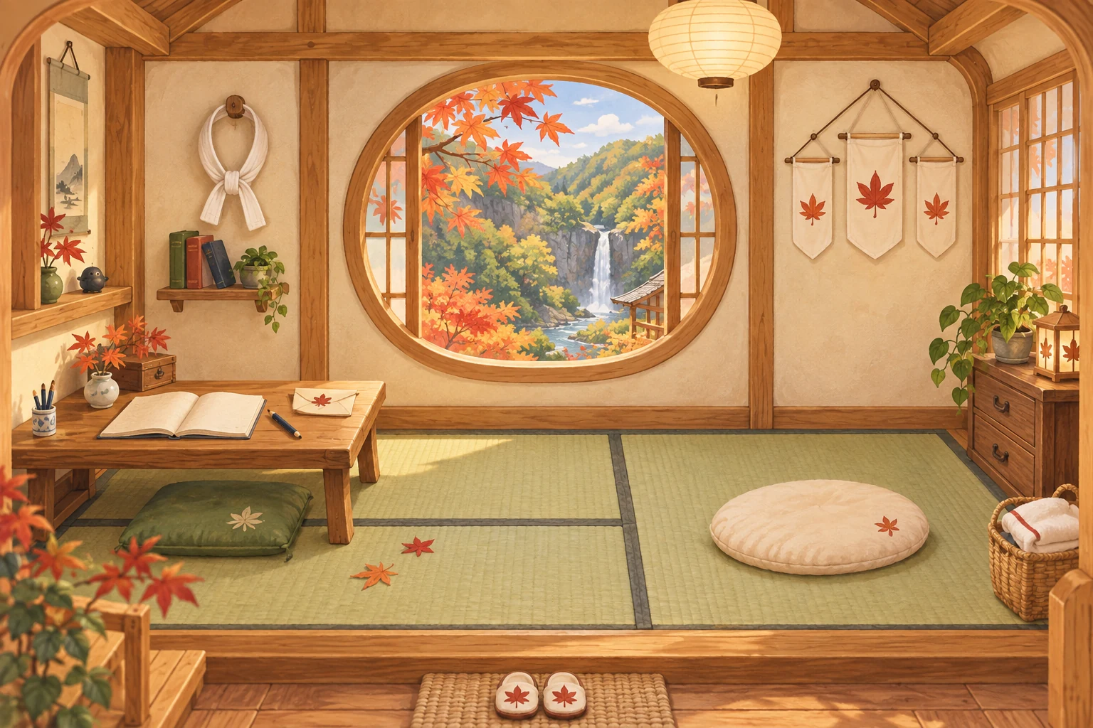 箕面の紅葉と滝を望む丸窓、小さな机と応援ノート、白い帯、手作りの旗がある、あいまるの畳のお部屋