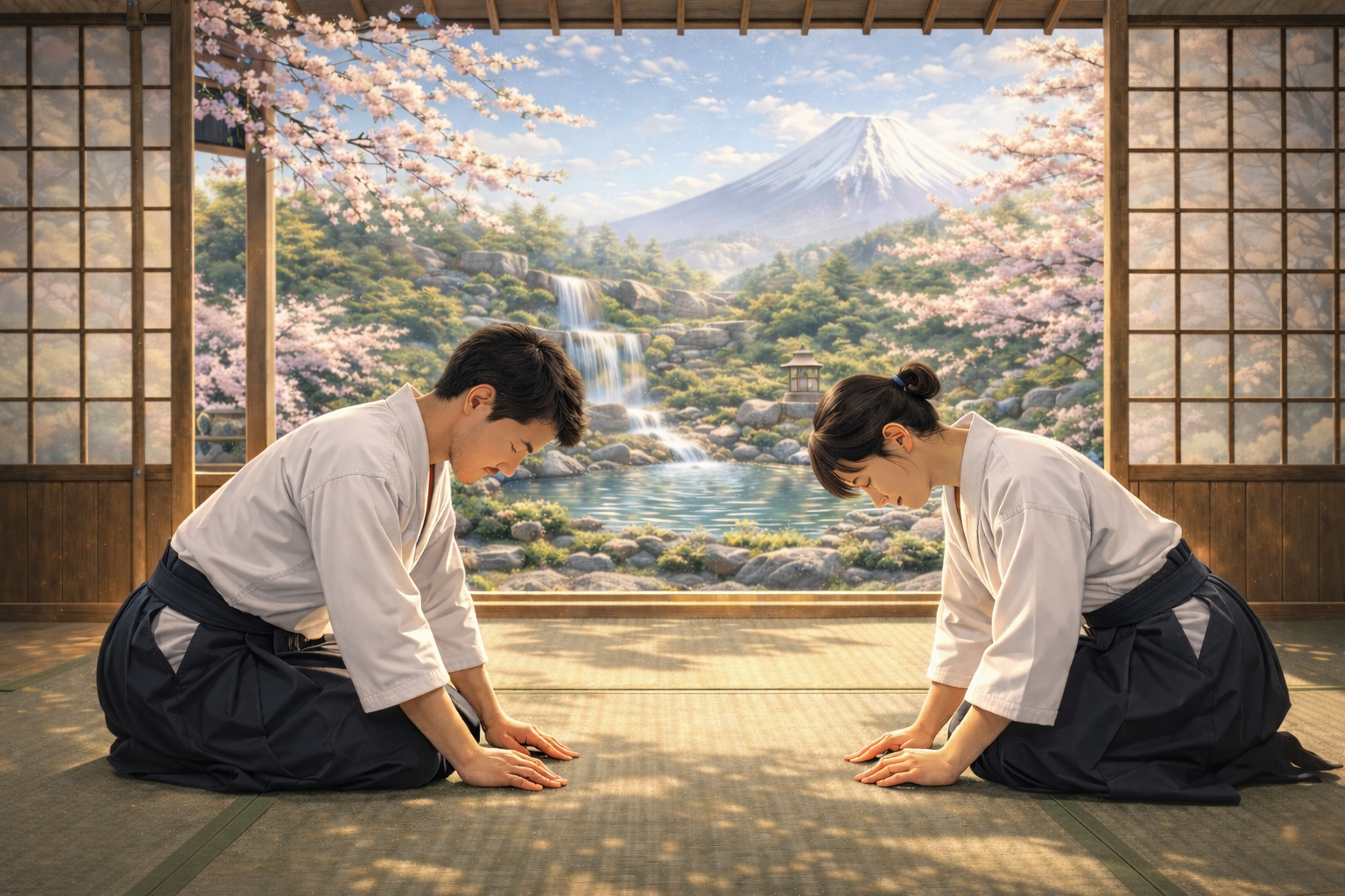 日本庭園を背景に、向かい合って座礼する大人のイラスト