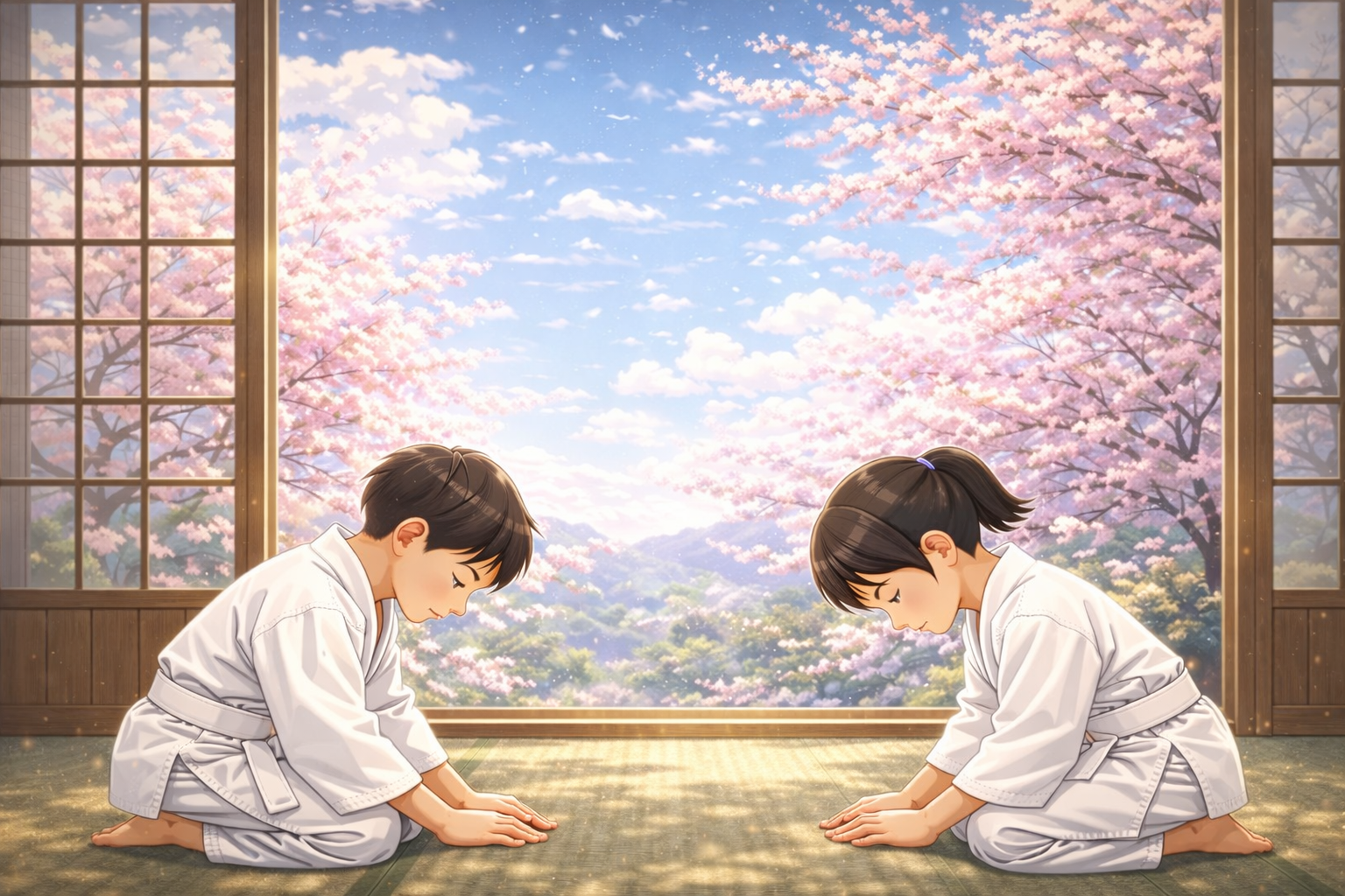 桜を背景に、向かい合って座礼する小学生のイラスト